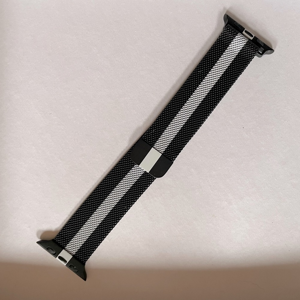 Black and white striped mesh metal Apple Watch Band